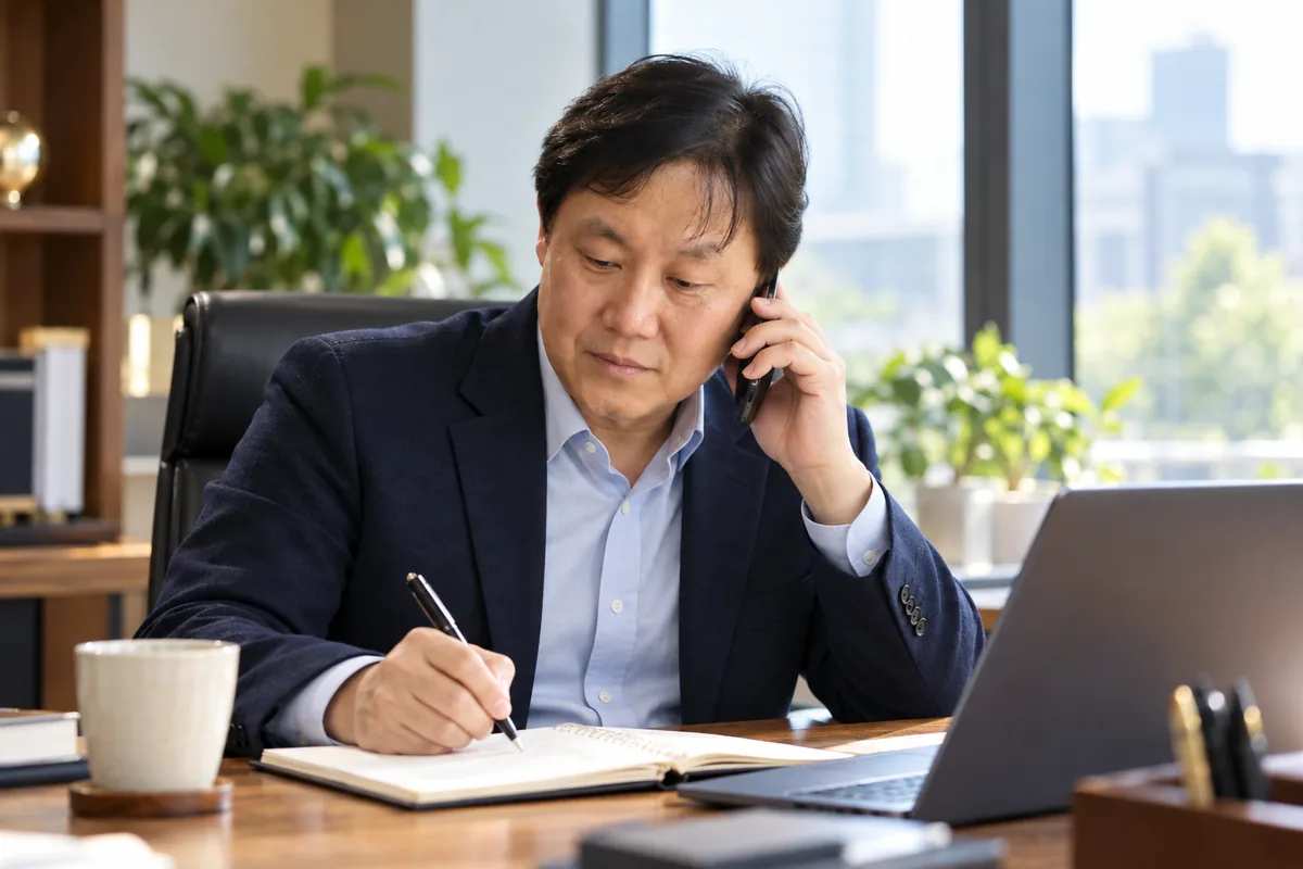 고객의 전화 상담을 받으며 메모하는 이진원 컨설턴트