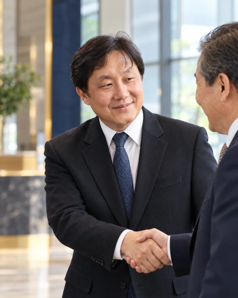 찾아온 대표와 반갑게 악수하는 이진원 컨설턴트