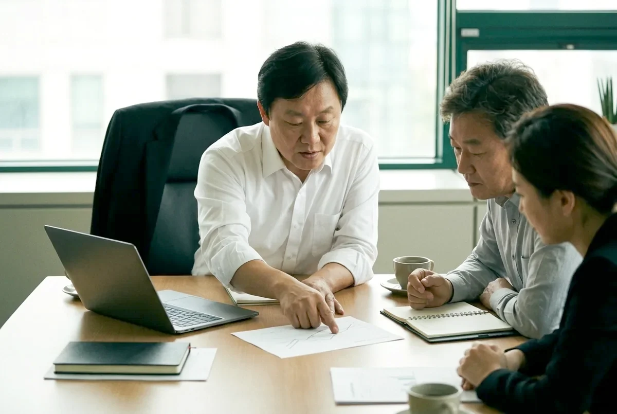 대표와 재무 담당자에게 자료를 설명하는 회의