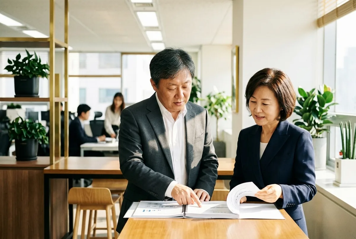 완성된 계획서를 대표와 함께 검토하는 장면